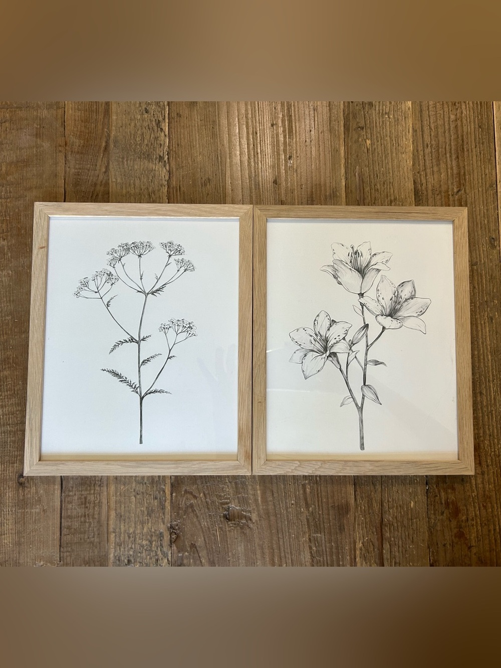 Neutral Floral Wall Art Set of 2 Natural Wood Framed Botanical Wall Art Set
